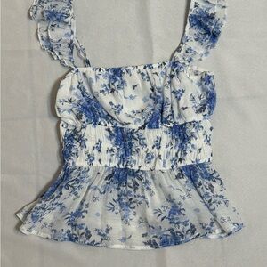 Mi Ami Small Blue Floral Ruffle Blouse